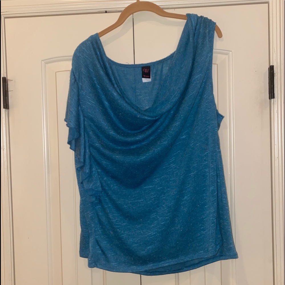 Blue Cowl Neck Ruffle Sleeve Top